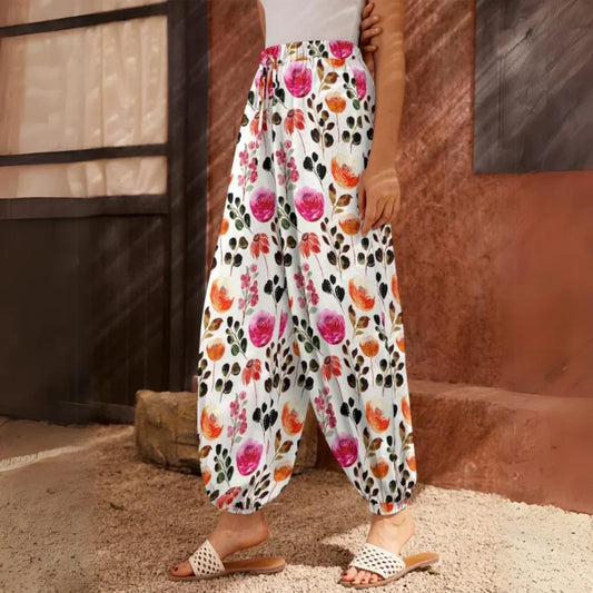 White Harem Pants Women With Watercolor Floral Print - XS