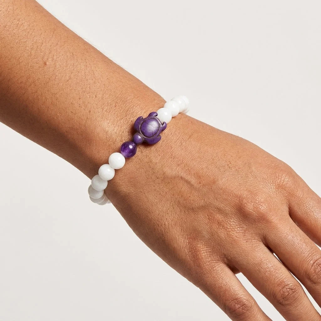 White Stone Bracelet With Turtle Charm Design