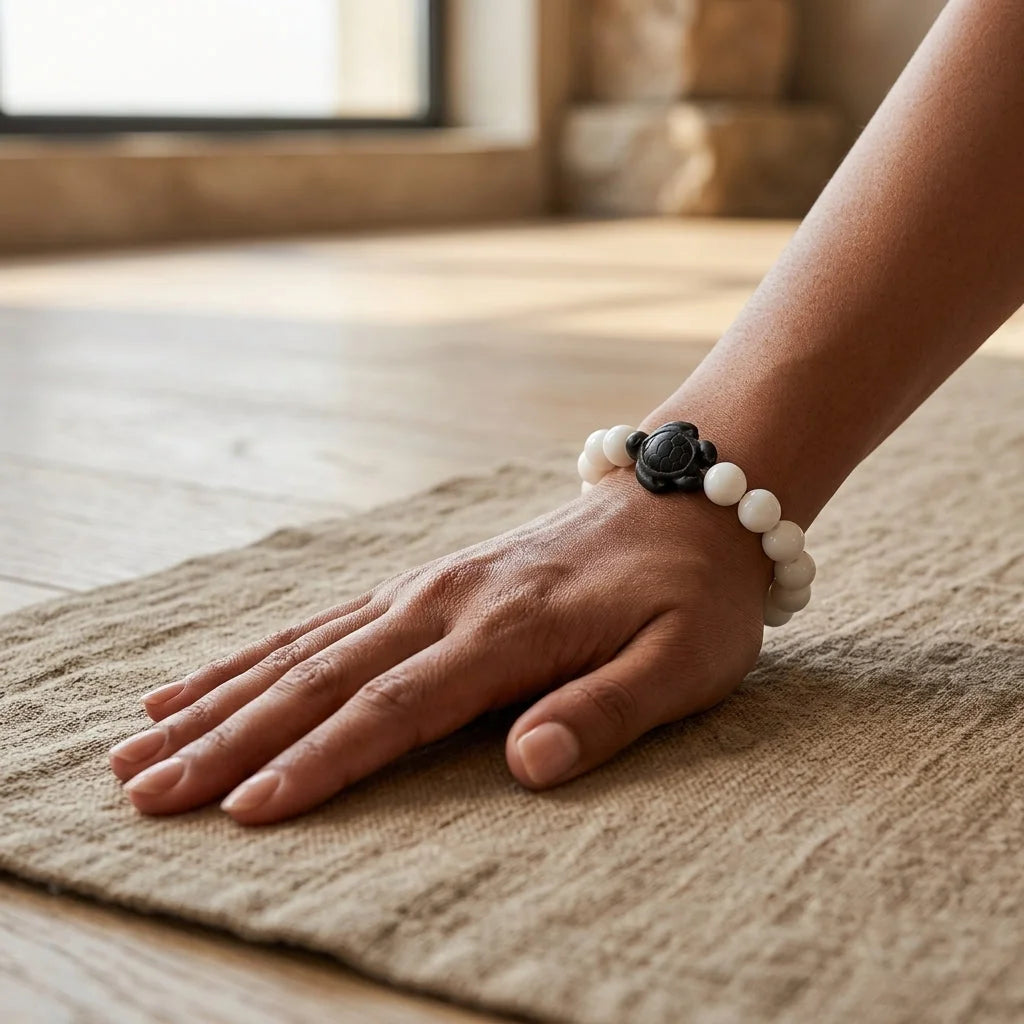 White Stone Bracelet With Turtle Charm Design