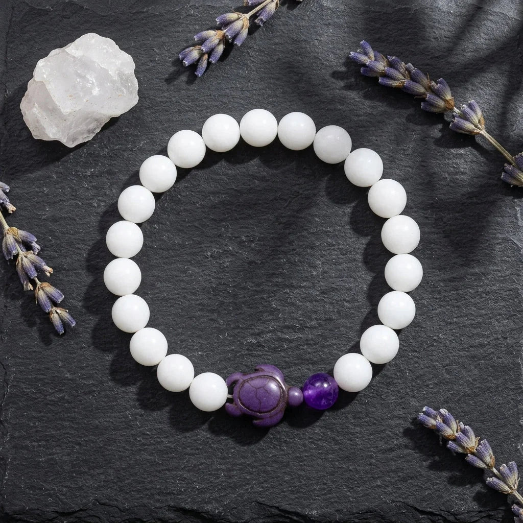 White Stone Bracelet With Turtle Charm Design