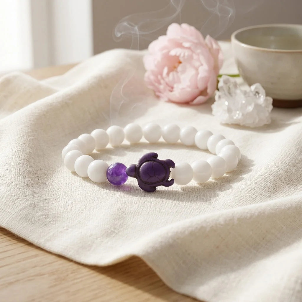 White Stone Bracelet With Turtle Charm Design