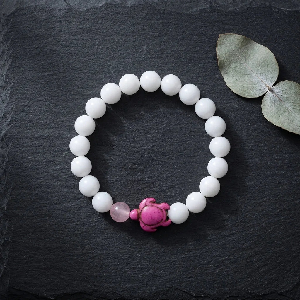 White Stone Bracelet With Turtle Charm Design
