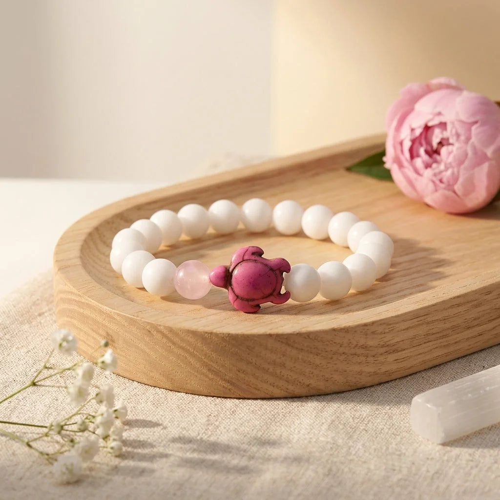 White Stone Bracelet With Turtle Charm Design