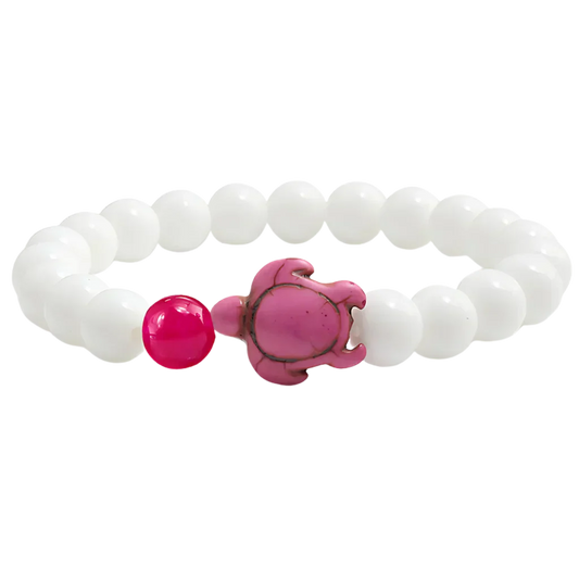White Stone Bracelet With Turtle Charm Design - Dark Pink Treasure