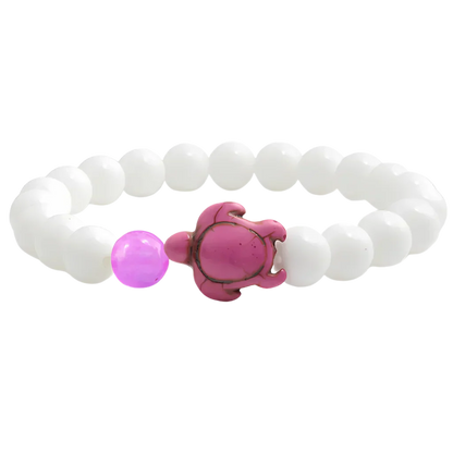 White Stone Bracelet With Turtle Charm Design - Purplish Red