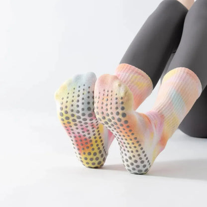 Woman Yoga Socks With Tie Dye And Non Slip Grip - Pink And Yellow / one size