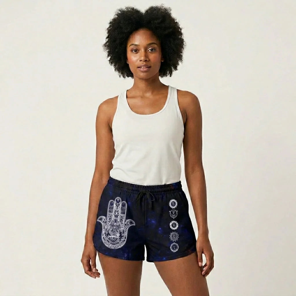 Womens Loose Shorts With Hamsa And Chakra Symbols