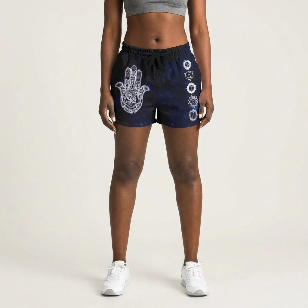 Womens Loose Shorts With Hamsa And Chakra Symbols