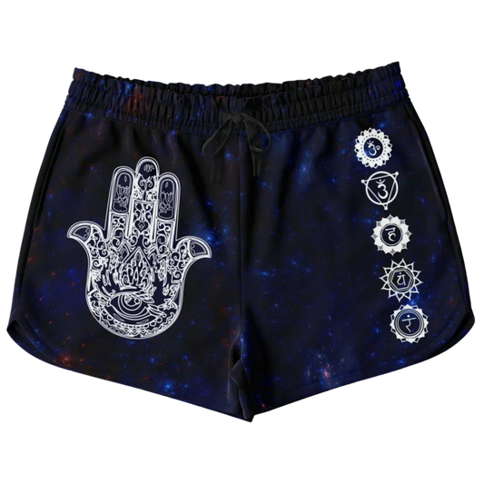 Womens Loose Shorts With Hamsa And Chakra Symbols - XS