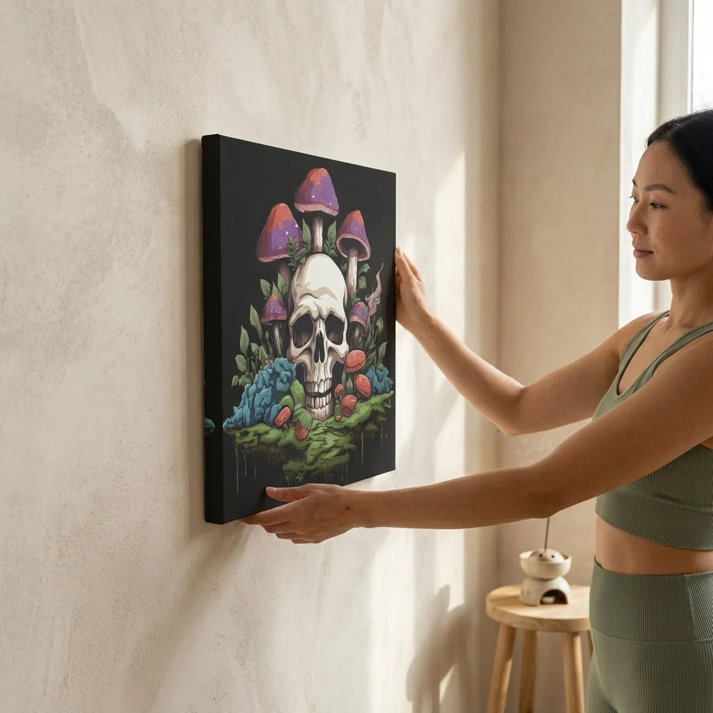 Yoga Art Prints With Skull And Mushroom Design