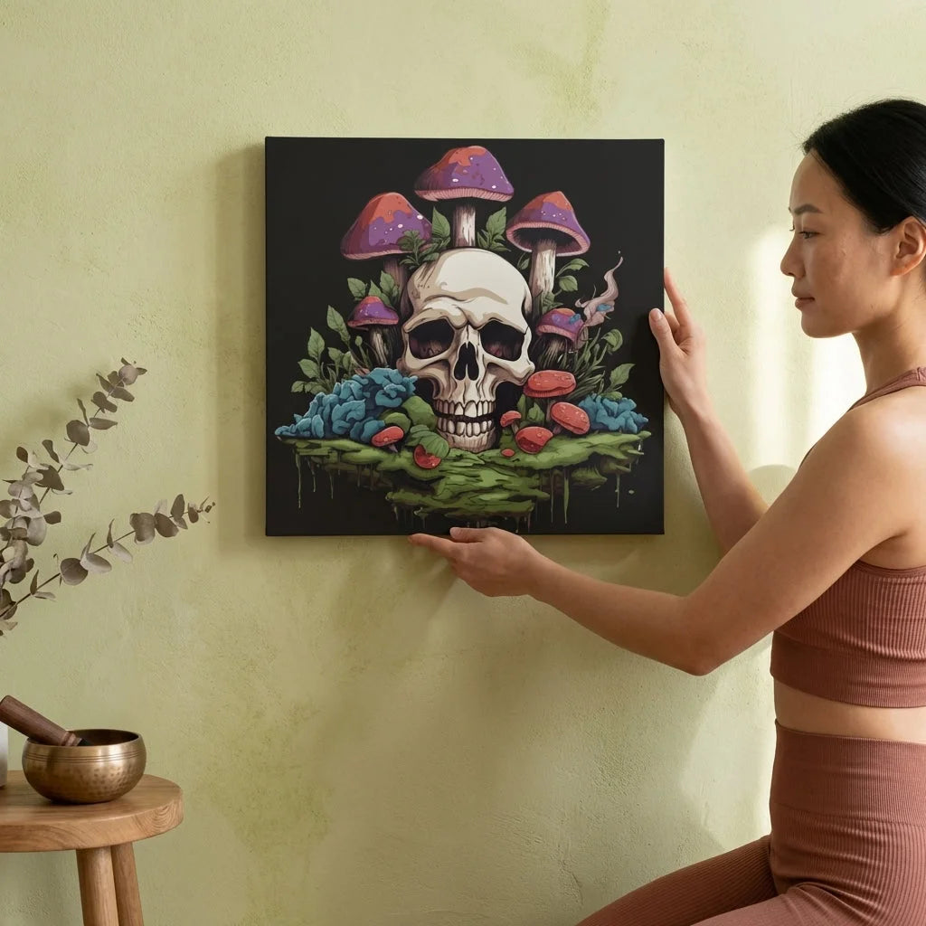 Yoga Art Prints With Skull And Mushroom Design