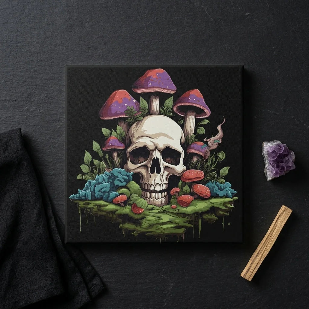 Yoga Art Prints With Skull And Mushroom Design