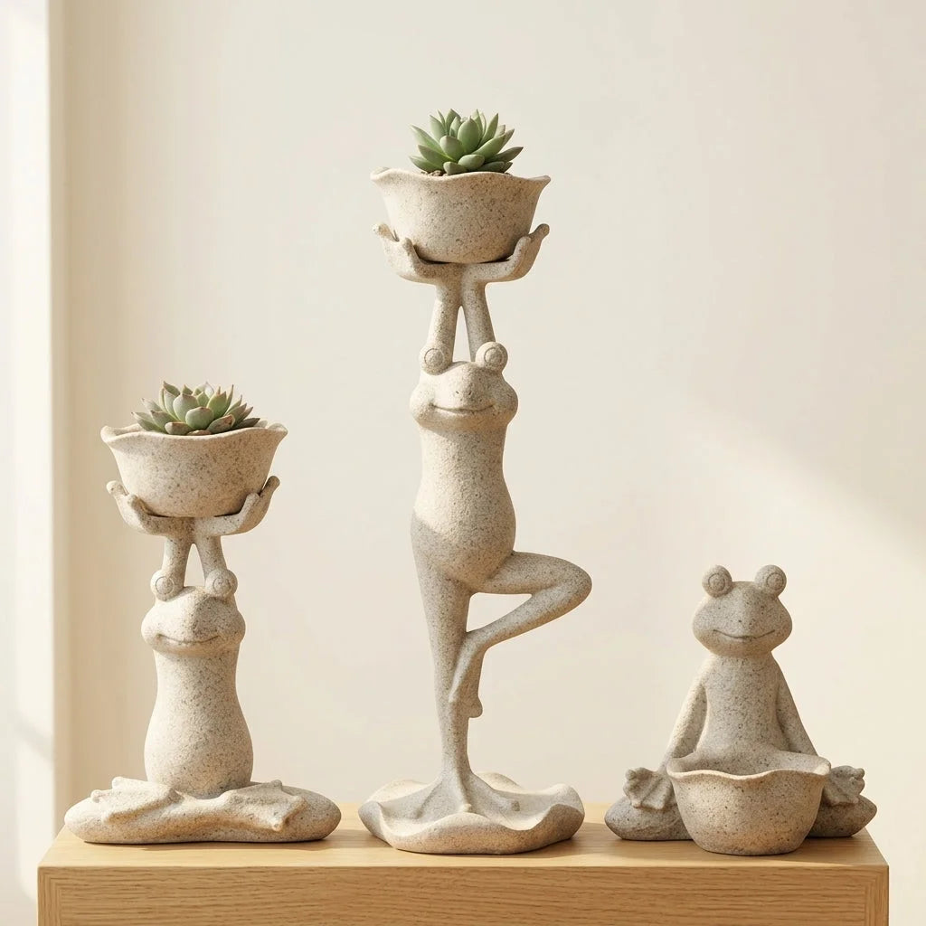 Yoga Frog Garden Statue With Mini Planter Pot