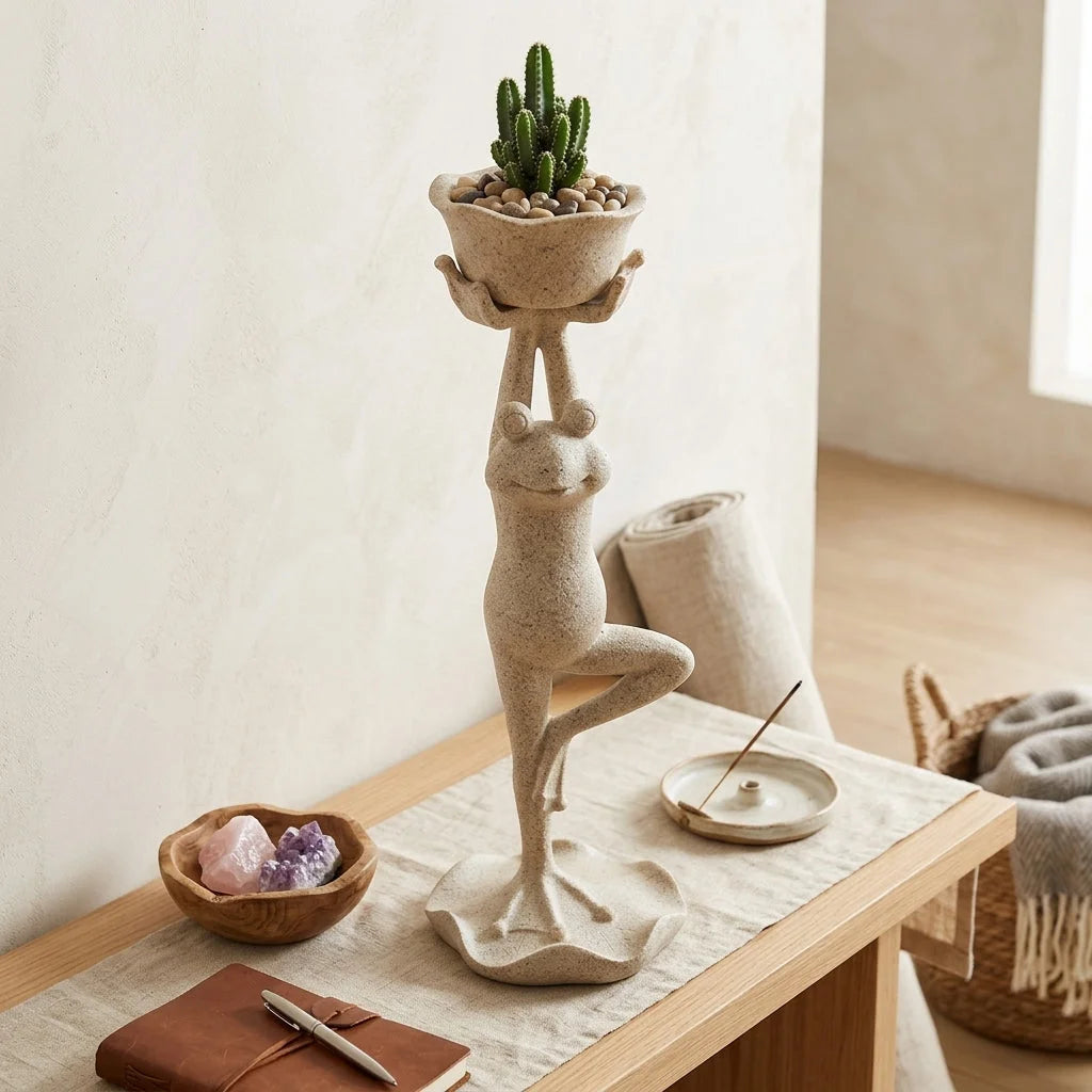 Yoga Frog Garden Statue With Mini Planter Pot