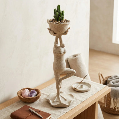 Yoga Frog Garden Statue With Mini Planter Pot