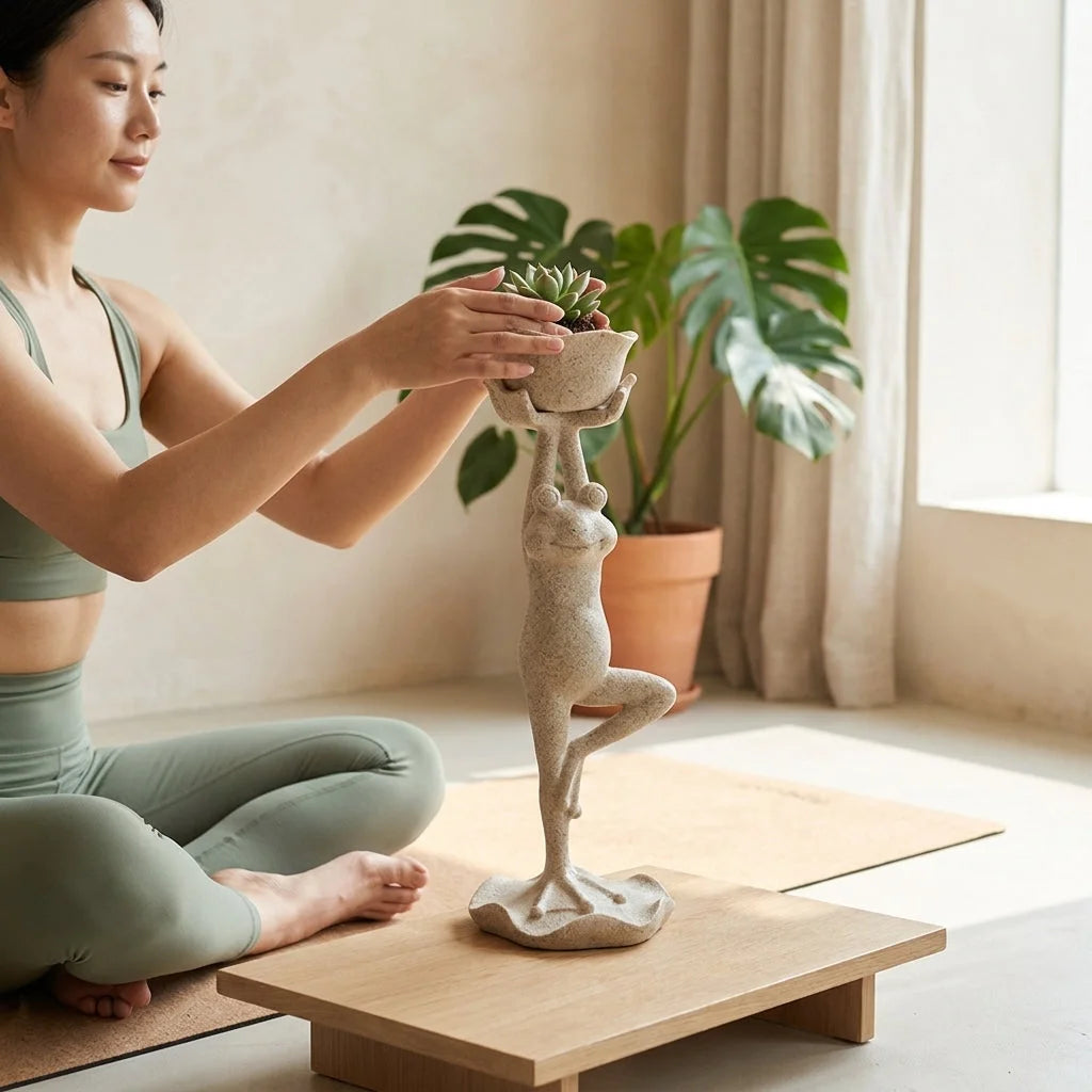 Yoga Frog Garden Statue With Mini Planter Pot