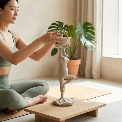 Yoga Frog Garden Statue With Mini Planter Pot
