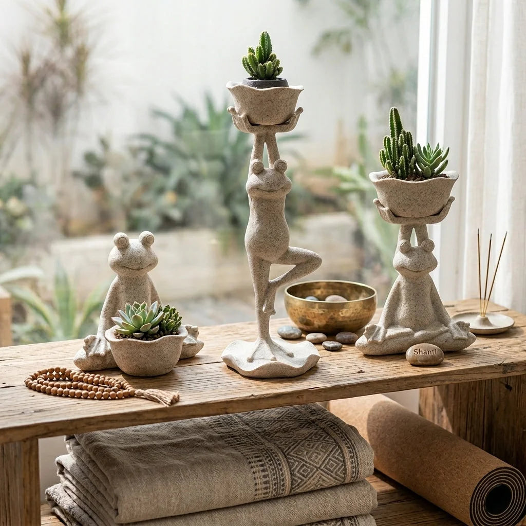 Yoga Frog Garden Statue With Mini Planter Pot