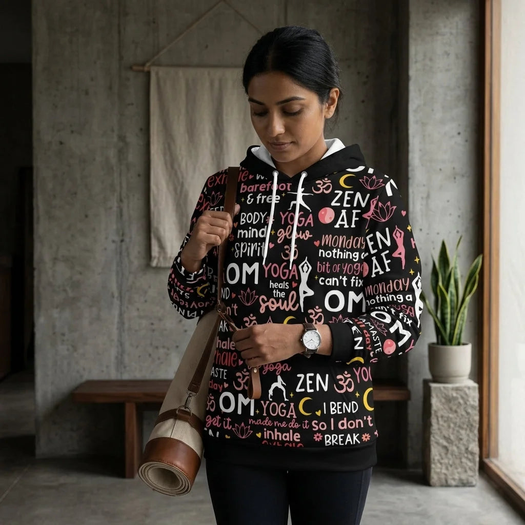 Yoga Hoodie With All Over Mindful Quote Design