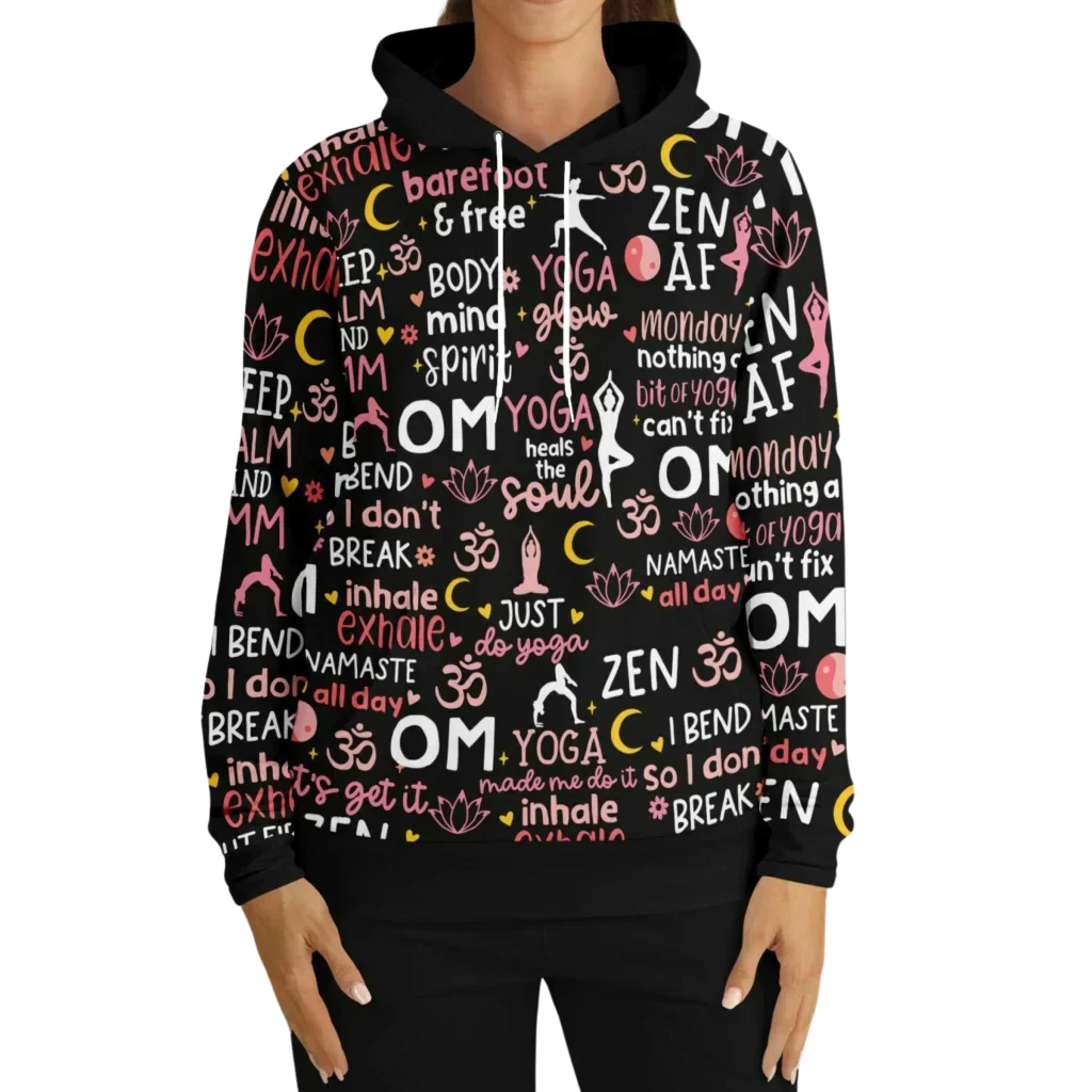 Yoga Hoodie With All Over Mindful Quote Design