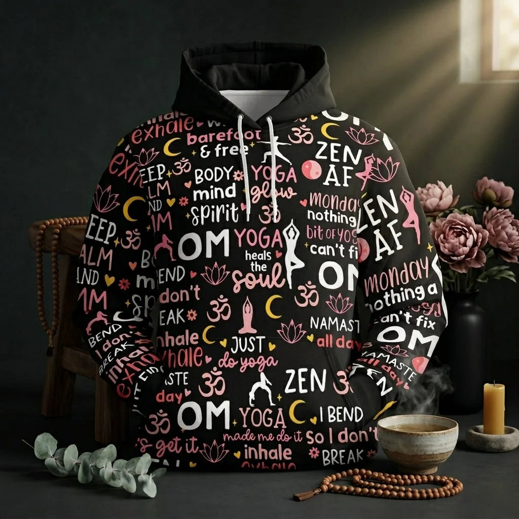 Yoga Hoodie With All Over Mindful Quote Design