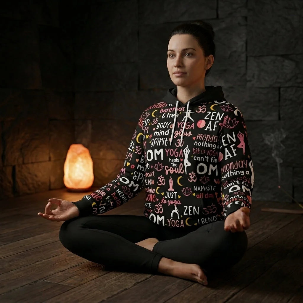 Yoga Hoodie With All Over Mindful Quote Design